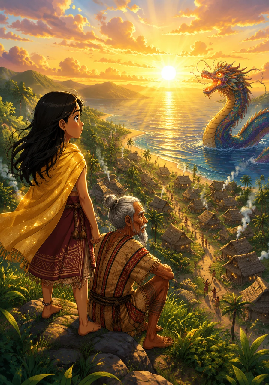 For the first time in generations, a brilliant golden sunrise broke over the nipa huts, painting the world in vibrant greens and deep, joyful blues. Tala watched from the hilltop as her village woke up to the warmth of the sun and the beautiful promise of a brand new day.