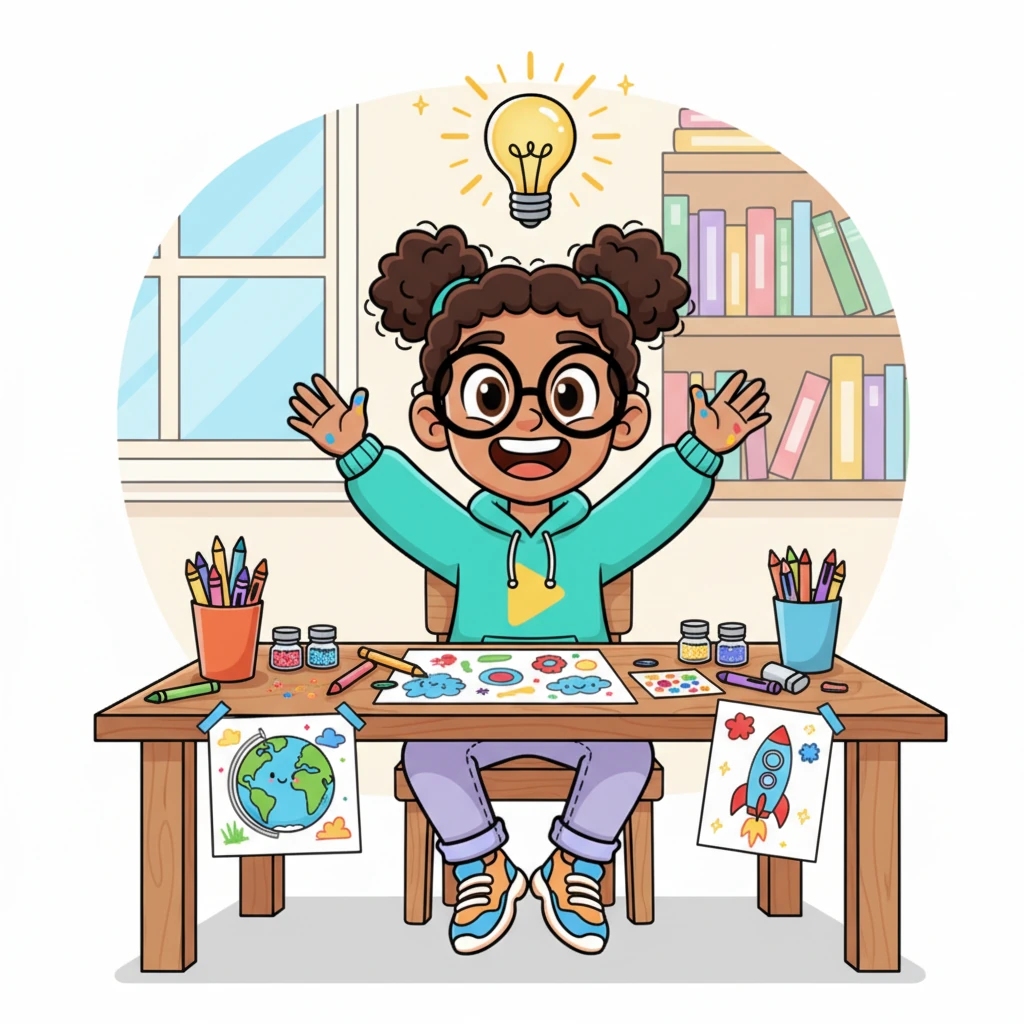 Pip, a little girl with big, sparkling eyes and a head full of wild, colorful ideas, sits at a desk overflowing with crayons, glitter, and half-finished drawings. A lightbulb literally pops up over her head, glowing with a brilliant idea! She wants to share her amazing creations with the whole wide world.