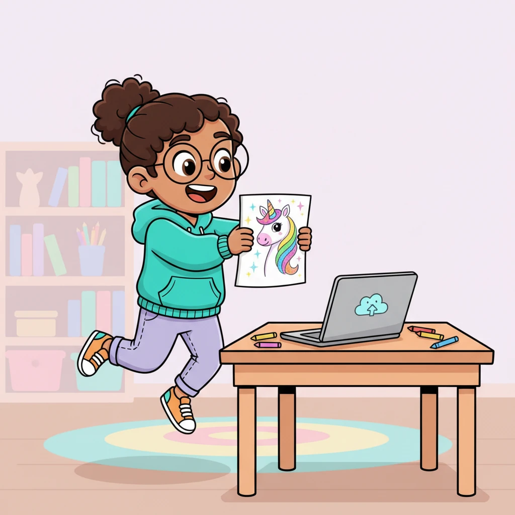 Pip bounces excitedly, holding up a sparkly drawing of a rainbow unicorn. "How do I show everyone?" she wonders aloud, looking at a small, friendly laptop on her desk. She knows about books and art shows, but she wants something special, a place just for her.