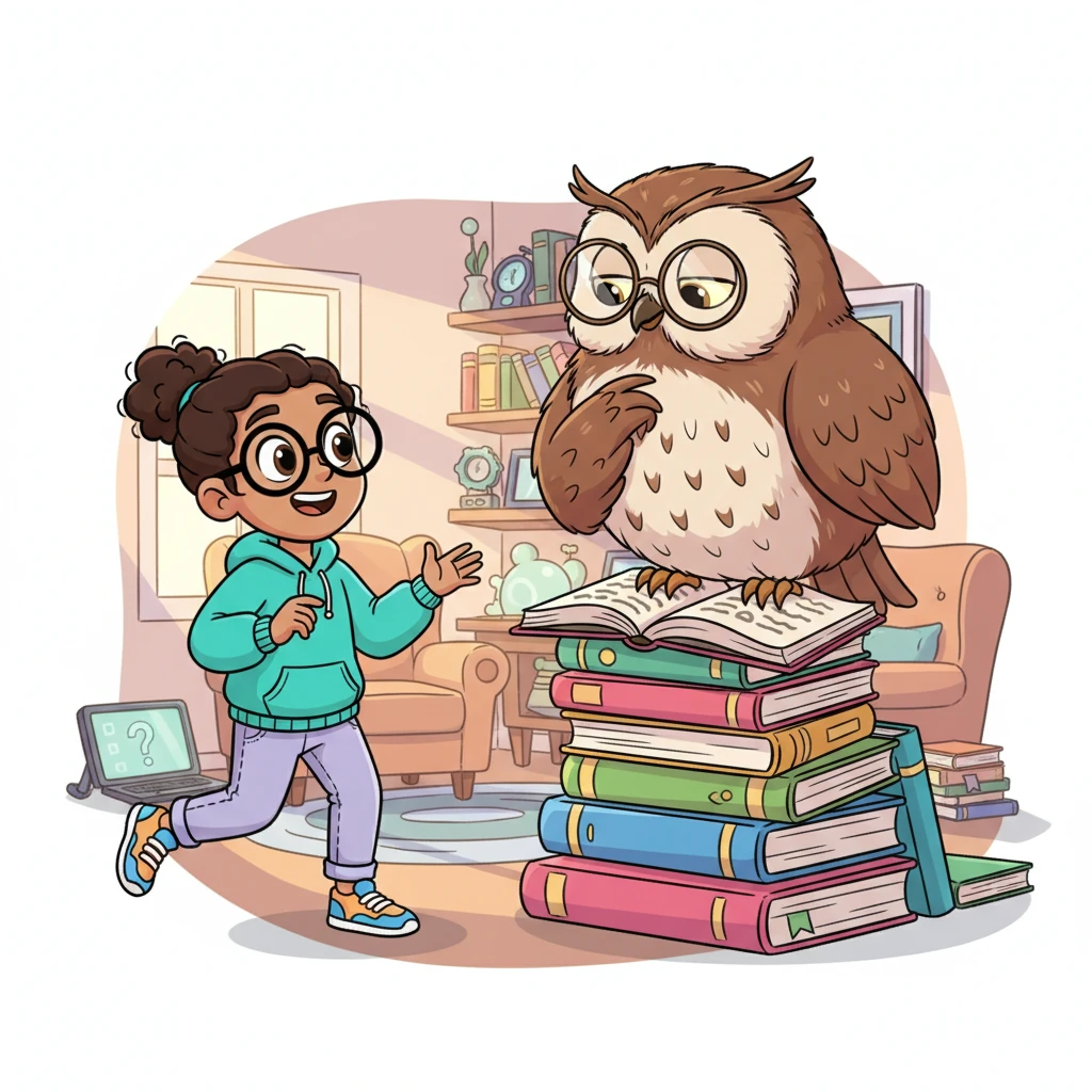Determined, Pip scurries to her wise old friend, Professor Hoot, a plump, bespectacled owl perched on a stack of brightly colored tech books. Professor Hoot has a kind smile and always knows the answers to big questions. Pip eagerly explains her big dream.