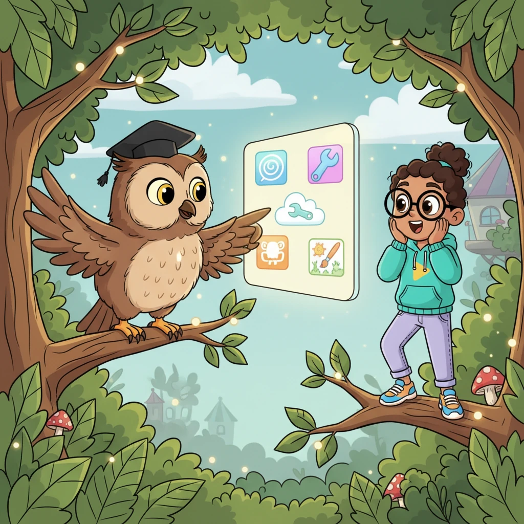 Professor Hoot gently flaps his wings, pointing a wise claw at a glowing screen. "Ah, Pip," he hoots softly, "you need a 'website'! Think of it as your very own digital treehouse, where you can invite friends from all over to see your art!" Pip's eyes widen with understanding.