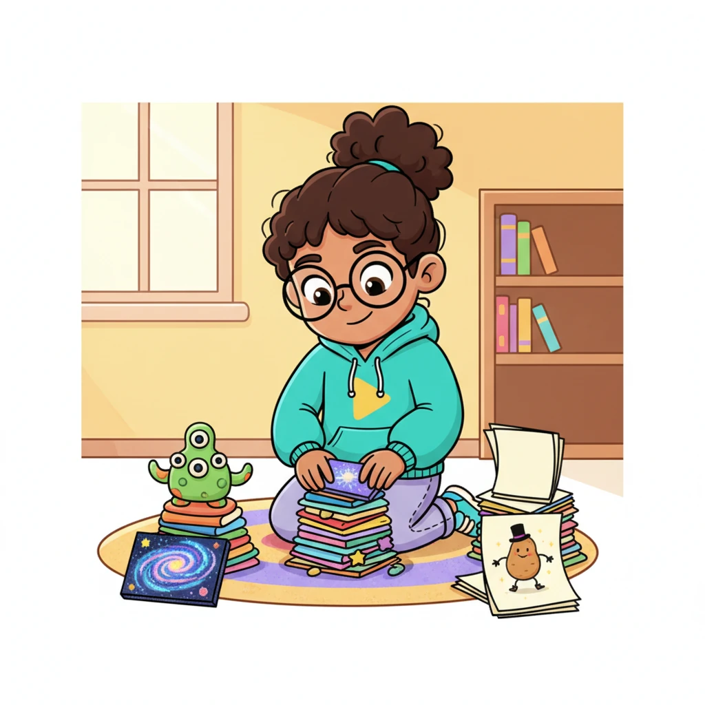 With a new mission, Pip rushes back, gathering all her favorite pieces: a wobbly clay monster, a shimmering painting of outer space, and even a funny poem about a dancing potato. She carefully organizes them into neat, colorful piles, ready for their new online home.
