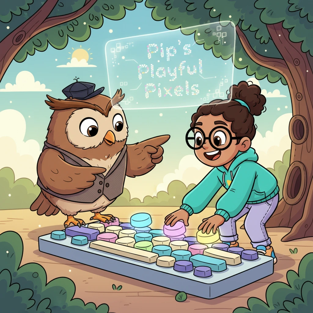 Professor Hoot helps Pip choose a special name for her digital treehouse. "This is your 'domain name'," he explains, showing her a fun keyboard with oversized, bouncy keys. After much giggling, Pip types "Pip's Playful Pixels," a perfect name for her creative corner.
