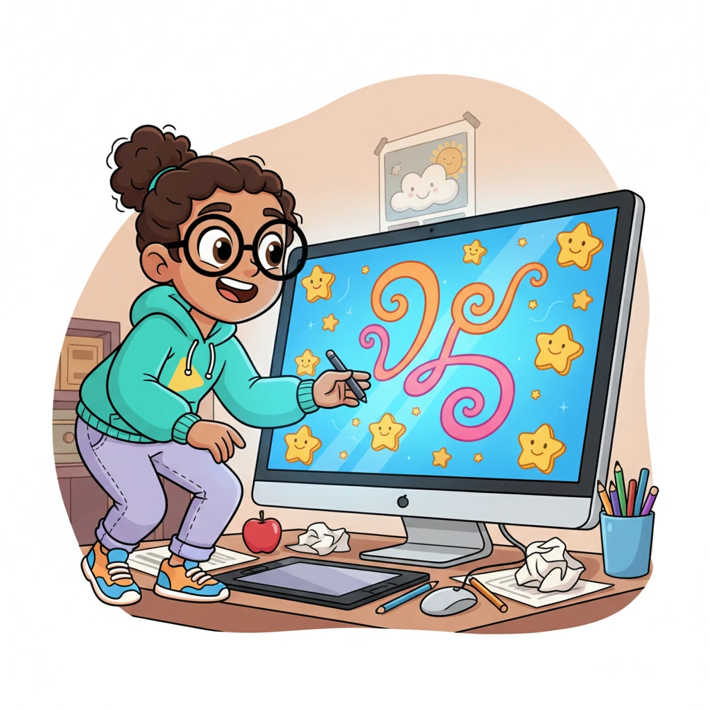 Next, Pip dives into designing! She picks the brightest blues for her background, sprinkles star-shaped buttons everywhere, and chooses a swirly, joyful font for her words. Her screen glows with her artistic choices, making the website feel uniquely hers.