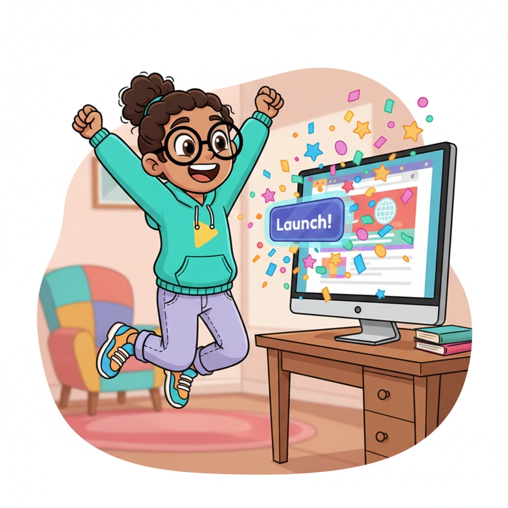 Finally, with a triumphant cheer, Pip clicks the "Launch!" button. A shower of digital confetti bursts across her screen as her website goes live for everyone to see. She jumps up and down, her heart bubbling with pride and excitement.