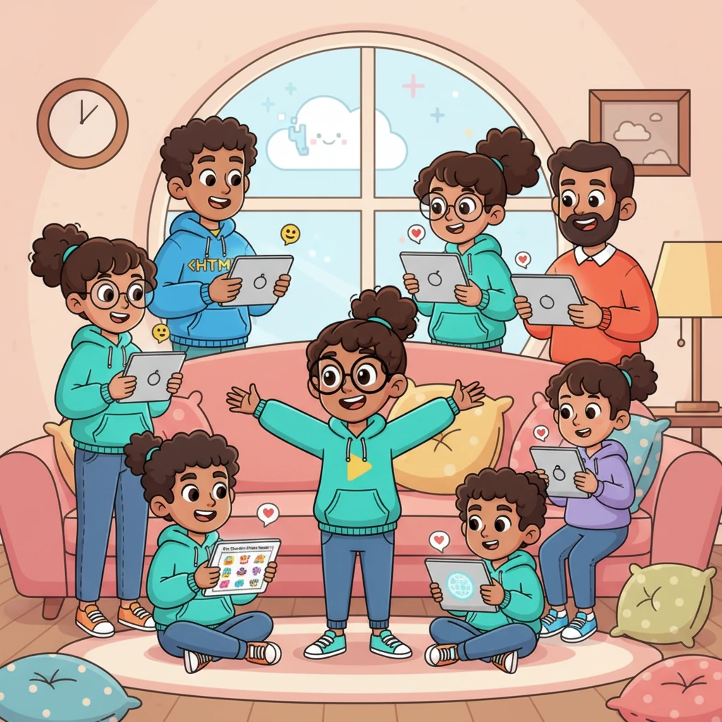 Pip beams as her friends and family, gathered around various devices, exclaim with delight at "Pip's Playful Pixels." They click through her galleries, leaving sweet comments, and Pip knows her digital treehouse is a wonderful place for sharing joy and art.