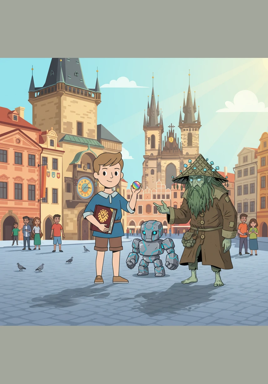 Malý Jakub se prochází po sluncem zalitém Staroměstském náměstí, zatímco nad ním starobylý orloj odbíjí celou hodinu. Vzduchem voní čerstvě upečené trdelníky a město kolem něj dýchá historií a tajemstvím.