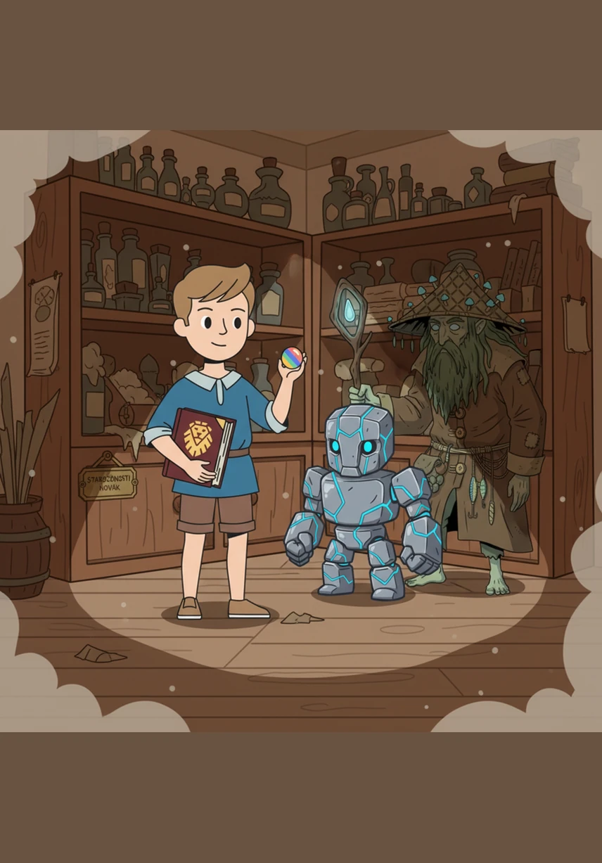 V úzké, zapadlé uličce u Týnského chrámu Jakub objeví v koutě starého antikvariátu zapomenutou knihu se zlatým lvem na obálce. Jakmile ji opatrně otevře, stránky se rozzáří jemným modrým světlem a písmena začnou tančit.