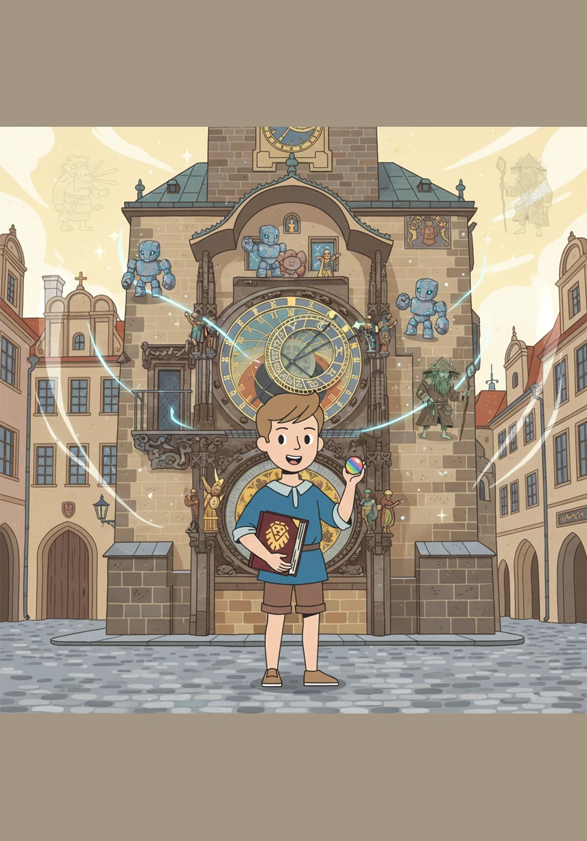 Když Jakub začne nahlas číst první slova v češtině, postavičky na orloji se najednou dají do pohybu a vesele mu zamávají. Celé náměstí se v jeho očích promění v magické místo, kde ožívají staré příběhy.