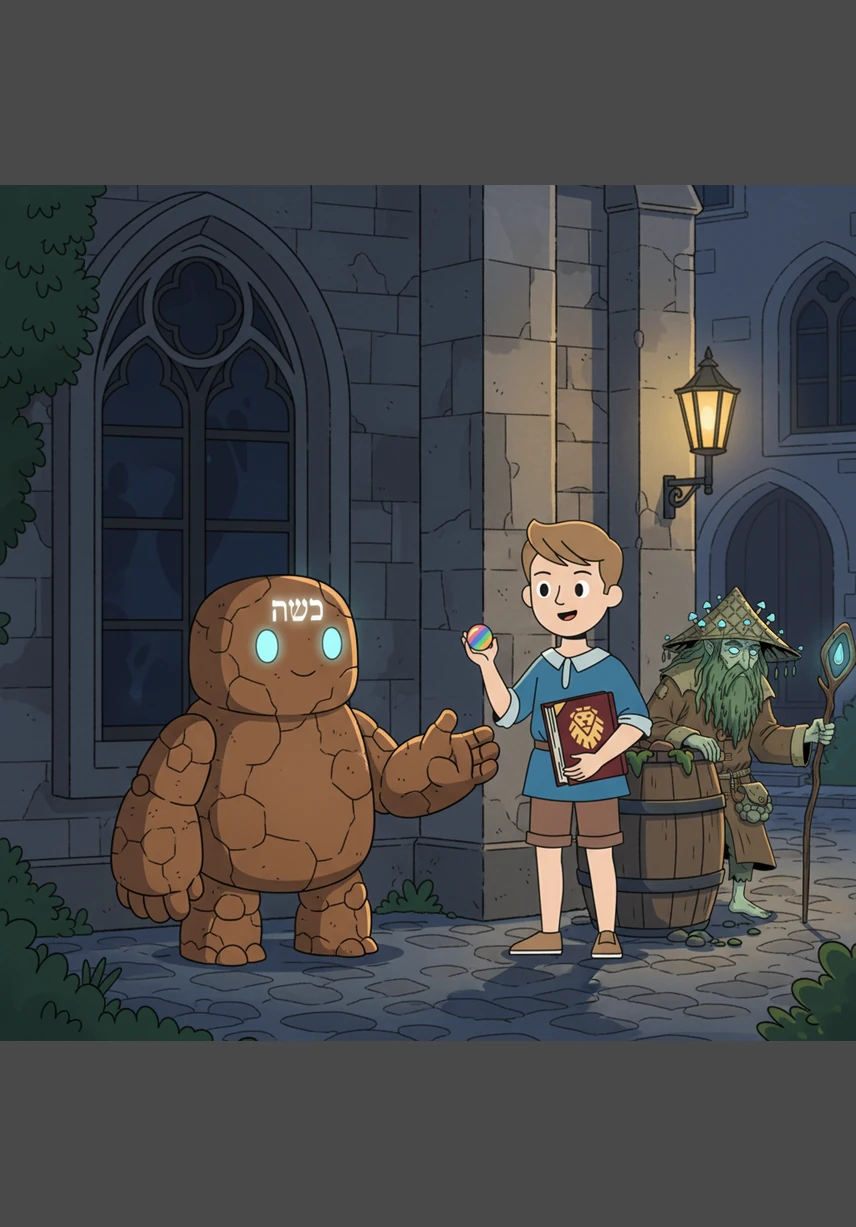 Ze stínu staré synagogy v Josefově vystoupí malý, dobrosrdečný Golem vyrobený z hlíny, který vypadá spíše jako roztomilý obr. Má laskavé oči a na čele mu svítí prastarý symbol, kterým Jakuba vítá jako svého nového přítele.