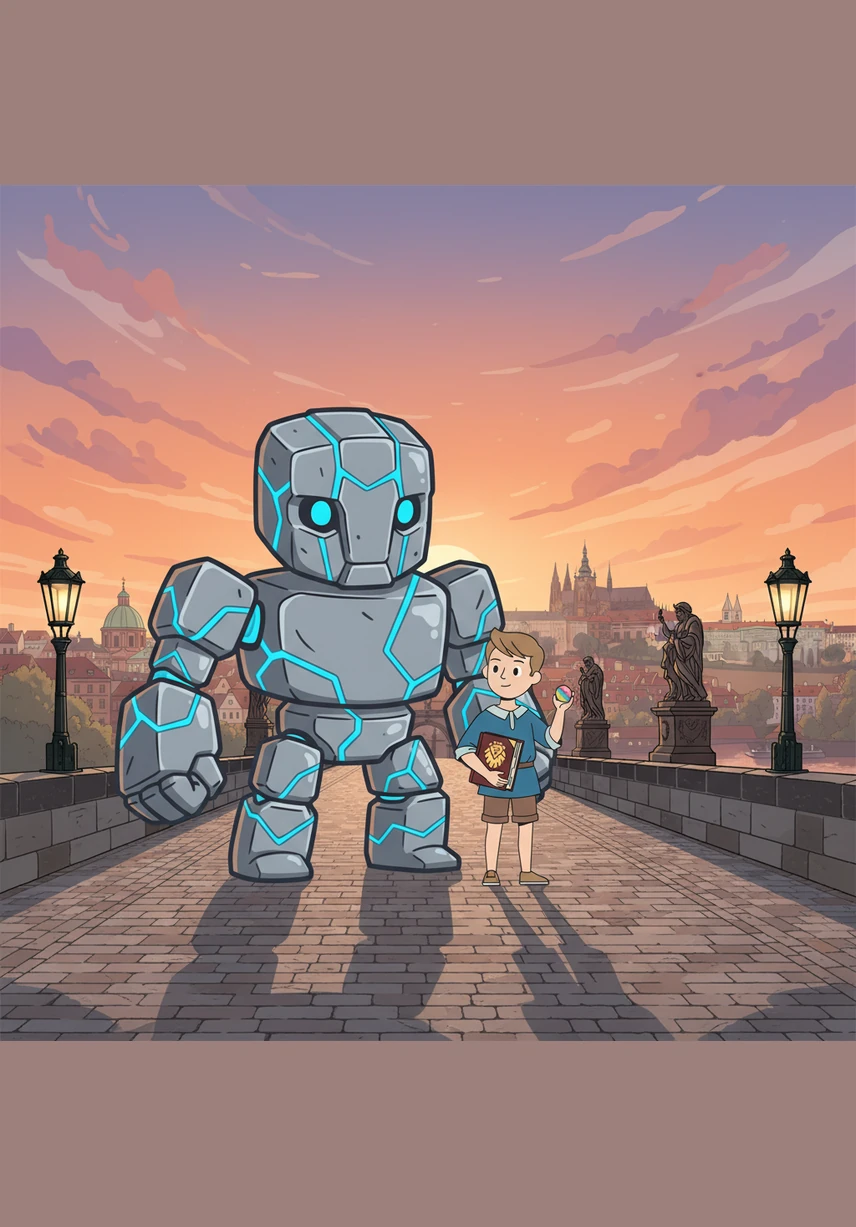 Jakub a jeho nový kamarád Golem se společně vydávají na Karlův most právě ve chvíli, kdy se nad Vltavou rozlévají oranžové červánky. Sochy na mostě se k nim naklánějí a šeptají jim dávno zapomenuté příběhy o udatných rytířích.