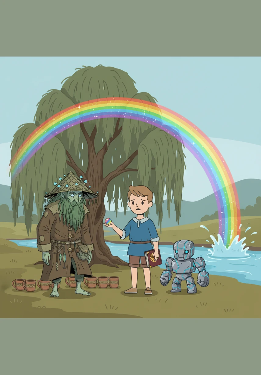 Na břehu řeky potkají u vrby starého vodníka v zeleném kabátku, který smutně kouká na své prázdné hrnečky. Jakub mu daruje svou barevnou kuličku pro štěstí a vodník mu za odměnu vykouzlí z vodní tříště nádhernou třpytivou duhu.