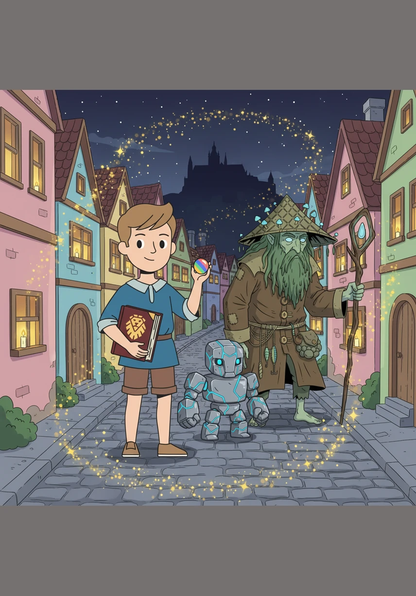 Společně pak vystoupají do Zlaté uličky, kde jsou domečky tak malé a barevné, že vypadají jako z cukru. V každém okně svítí malá svíčka a vzduchem poletují jiskřičky magie, které osvětlují cestu k hradu.