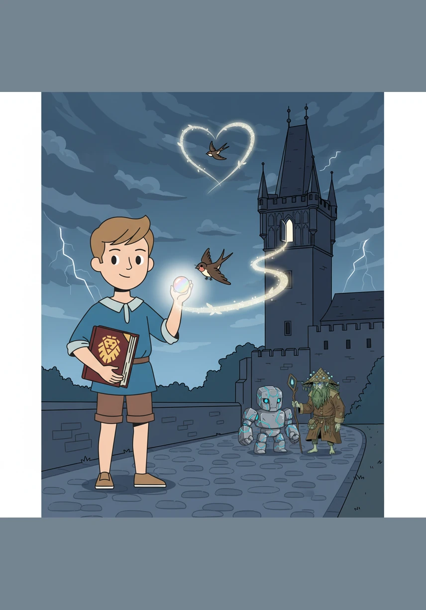 U bran Pražského hradu Jakub uvidí ztracenou vlaštovku, která v bouřce ztratila směr ke svému hnízdu ve vysoké věži. Pomocí kouzelného slova z knihy jí ukáže cestu a vlaštovka mu na oplátku nad hlavou vykrouží srdce.