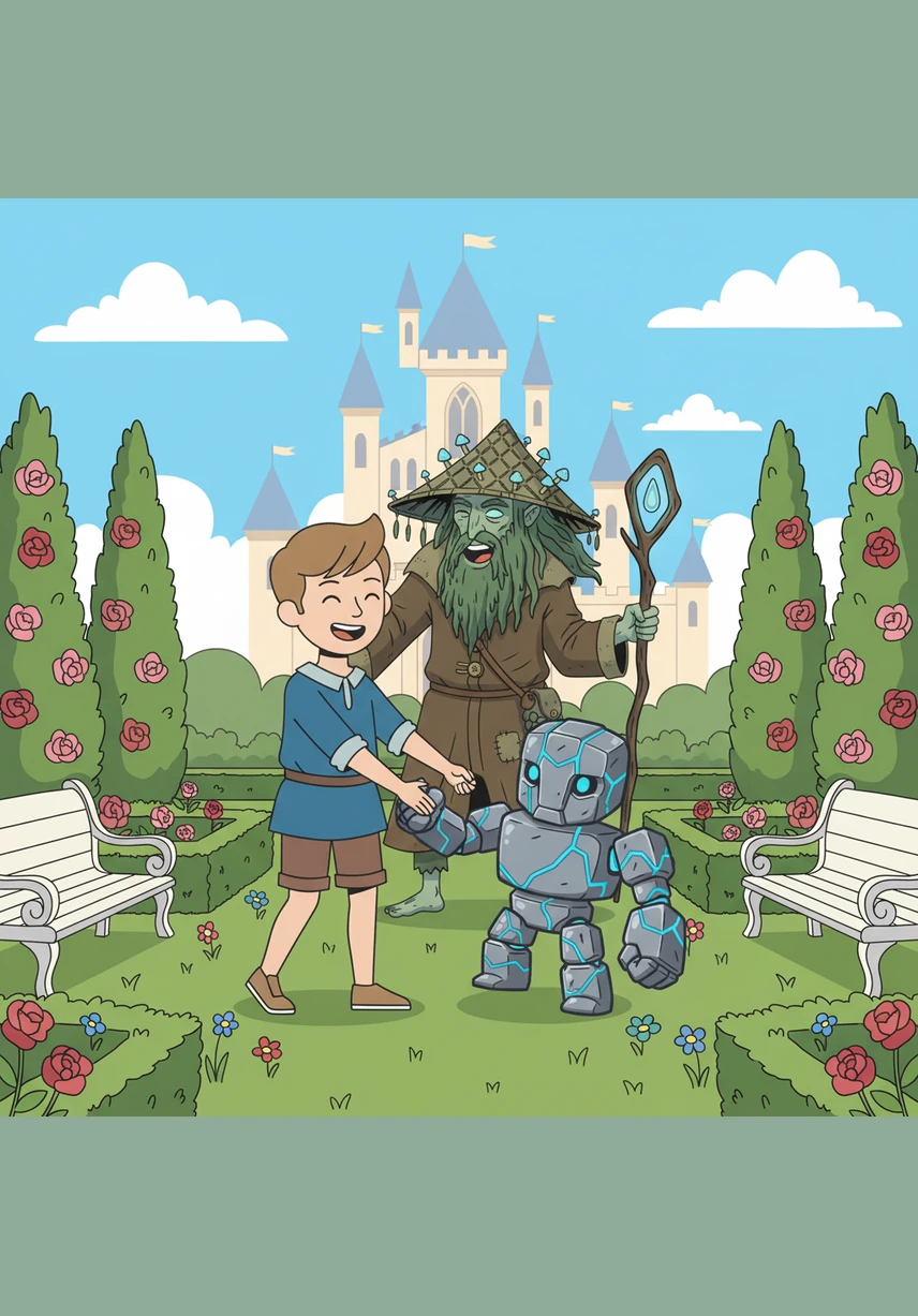 V královských zahradách rozkvétají kouzelné květiny, které při každém doteku vánku hrají staré české lidové melodie. Jakub a Golem se radostně točí v trávě, obklopeni vůní růží a zpěvem neviditelných slavíků.