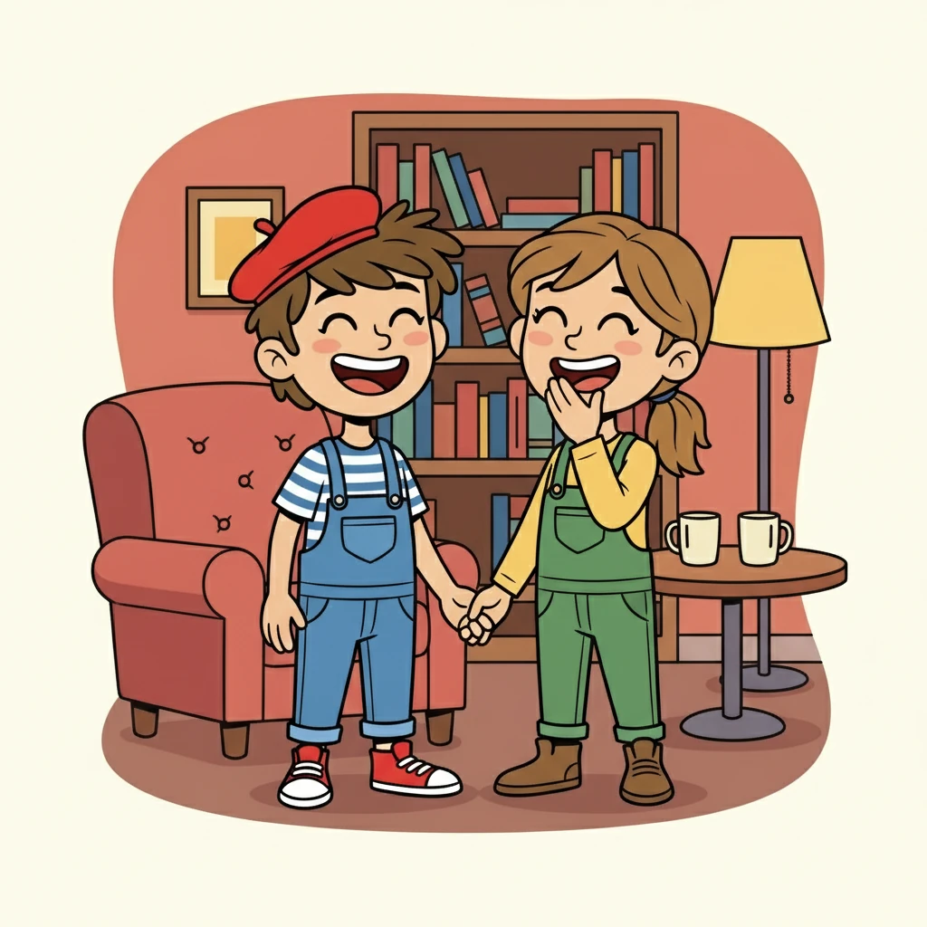 Dans une ambiance chaleureuse, Manu et Aimée, rient ensemble, partageant un secret, une complicité indéfinissable. Ils sont amis depuis le lycée, et l'amitié est leur fondation. Leurs sourires éclairent la pièce, témoignant d'une affection profonde et durable.