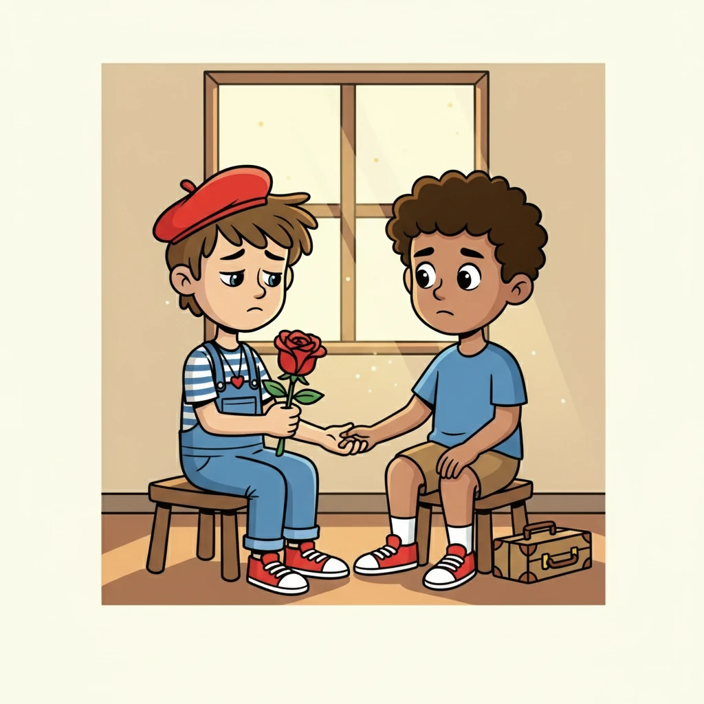 Manu et Blessing, discutent dans une pièce éclairée par la lumière du matin. La conversation est empreinte de tristesse et de compréhension. Ils sont confrontés à la dure réalité de leur situation. La séparation plane dans l'air.