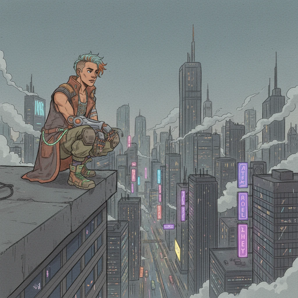 Kael se asoma desde una cornisa precaria, contemplando la vasta y sucia metrópolis. Imponentes rascacielos perforan el crepúsculo perpetuo, adornados con pulsantes letreros de neón que proyectan reflejos largos y distorsionados sobre las calles mojadas por la lluvia. La neblina y el smog se aferran a cada superficie, oscureciendo el horizonte distante.