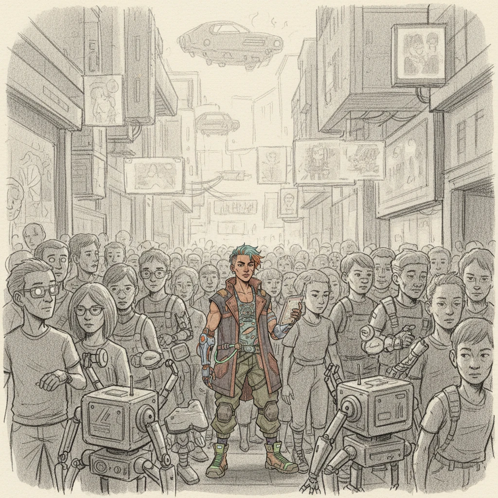 Kael navega por los callejones bulliciosos y claustrofóbicos, su silueta perdida entre las multitudes de ciudadanos cibernéticamente mejorados y vendedores robóticos. El aire zumba con el bajo murmullo de los vehículos flotantes y la cacofonía de anuncios digitales superpuestos. Él aprieta una gastada tableta de datos, su tenue brillo reflejando el cansancio en sus ojos.