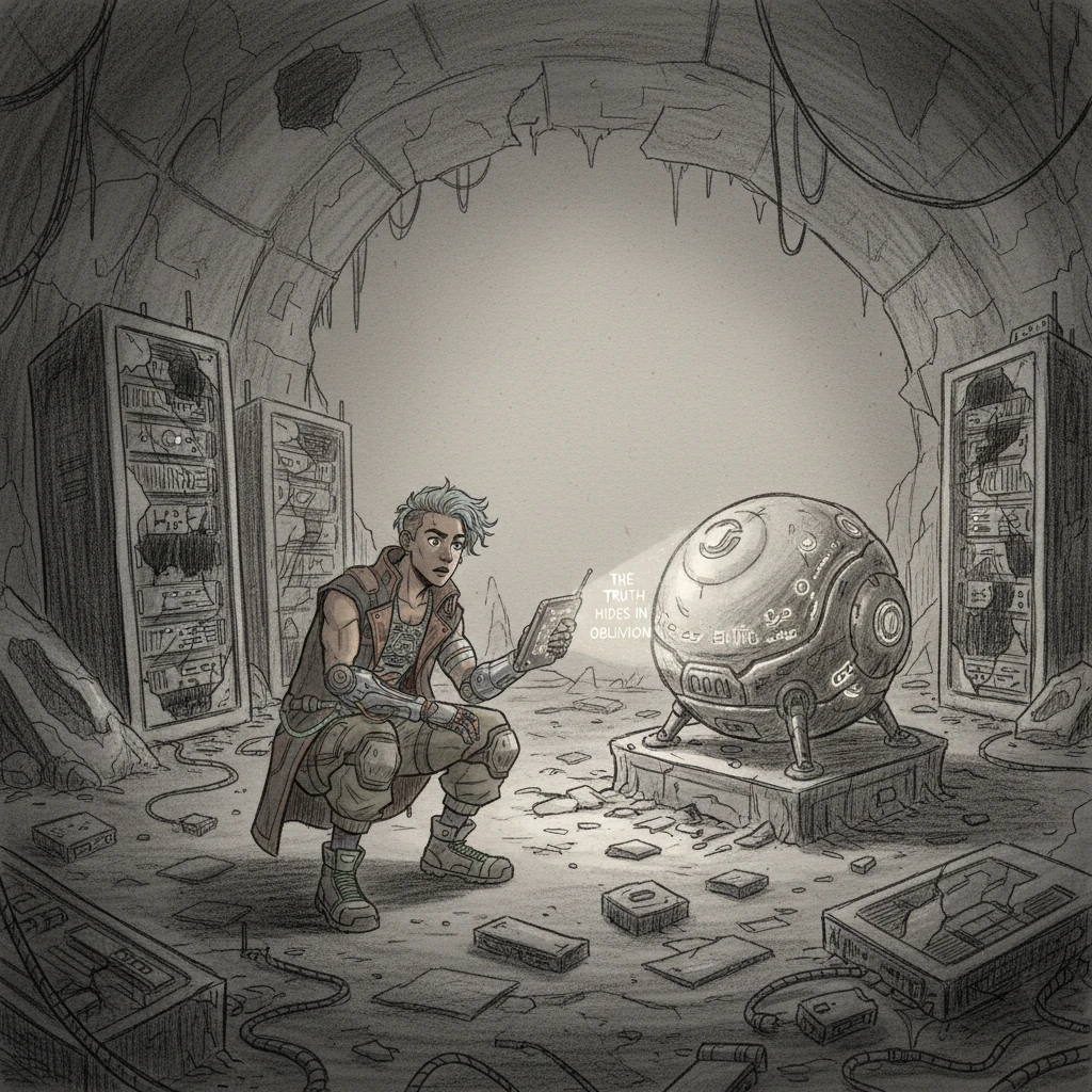 Escondido en las sombras de un centro de datos en ruinas, Kael descubre un antiguo dron desactivado, diferente a cualquier tecnología moderna. Su carcasa está grabada con símbolos que palpitan débilmente con una energía interna y desconocida. Un mensaje críptico repentino parpadea en su tableta de datos: 'La verdad se esconde en el olvido.'