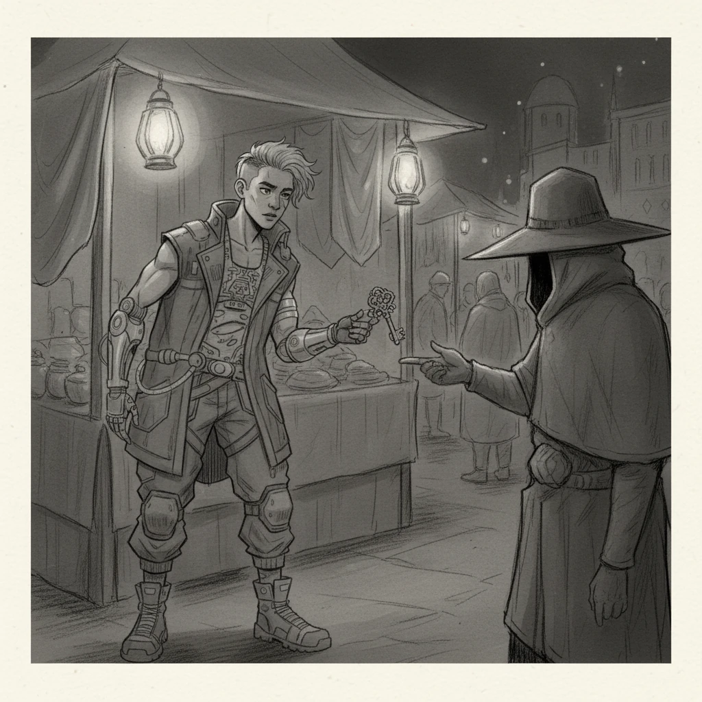 Una figura encapuchada, con el rostro oculto por un sombrero de ala ancha, se acerca a Kael en un puesto de mercado tenuemente iluminado. Su mano se extiende, ofreciendo una pequeña llave intrincadamente tallada. Una voz baja y ronca susurra: 'Busca el corazón del olvido, Kael.'