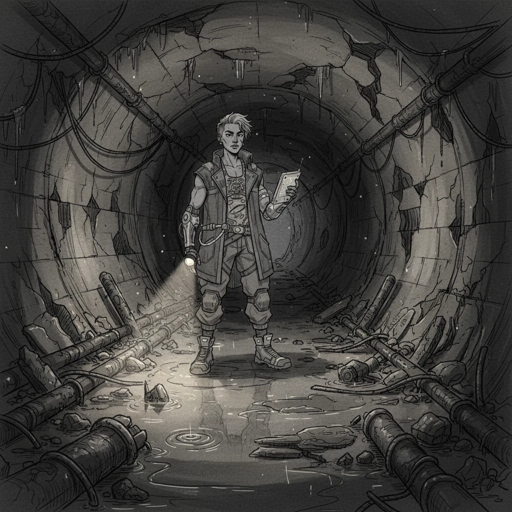 Guiado por la llave, Kael se aventura en los niveles inferiores y olvidados de la ciudad, un laberinto de túneles abandonados e infraestructura oxidada. El aire se vuelve pesado con el olor a ozono y descomposición, el silencio solo roto por el goteo de agua estancada. El haz de su linterna atraviesa la oscuridad opresiva.