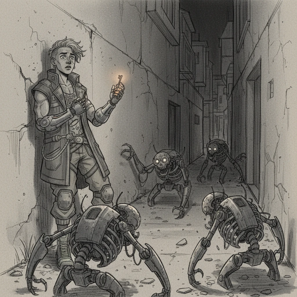 De repente, una manada de robots carroñeros, con sus sensores ópticos brillando amenazadoramente, emergen de la penumbra, bloqueando el camino de Kael. Se pega a una pared desmoronada, con el corazón latiendo con fuerza, mientras sus miembros metálicos raspan el hormigón. La llave se siente cálida en su mano.