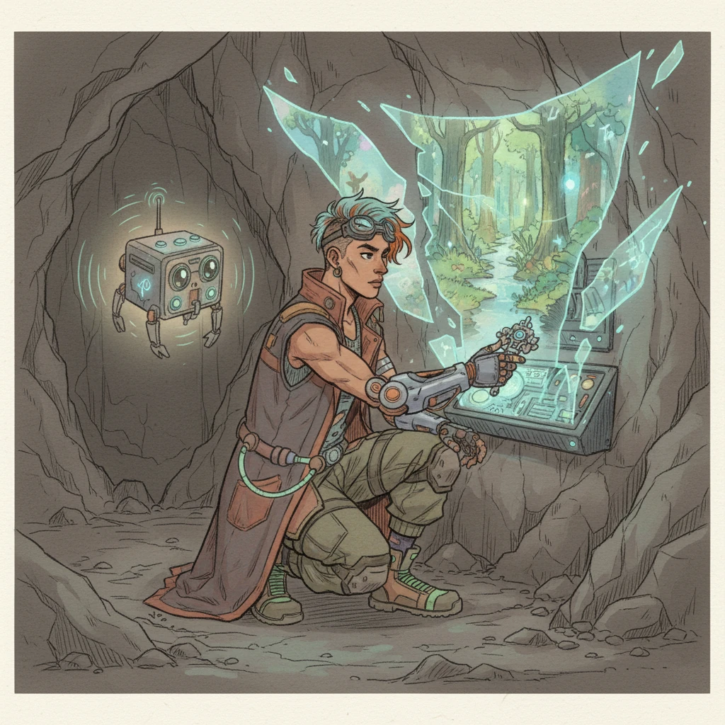 Usando la llave, Kael activa una consola oculta dentro de la caverna. Proyecciones holográficas parpadean, revelando imágenes fragmentadas de un mundo prístino y verde, olvidado hace mucho tiempo, un marcado contraste con la ciudad de arriba. El dron que encontró antes zumba, sus símbolos ahora brillan intensamente.