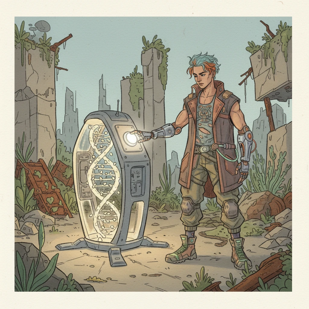 Kael se encuentra frente al dron activado, ahora completamente iluminado, su propósito revelado: una bóveda de semillas, que contiene el plano genético del mundo perdido. Se enfrenta a una elección: explotar este conocimiento para obtener poder dentro de la distopía, o buscar una manera de revivir el pasado olvidado. Su mano se cierne sobre un único botón brillante.