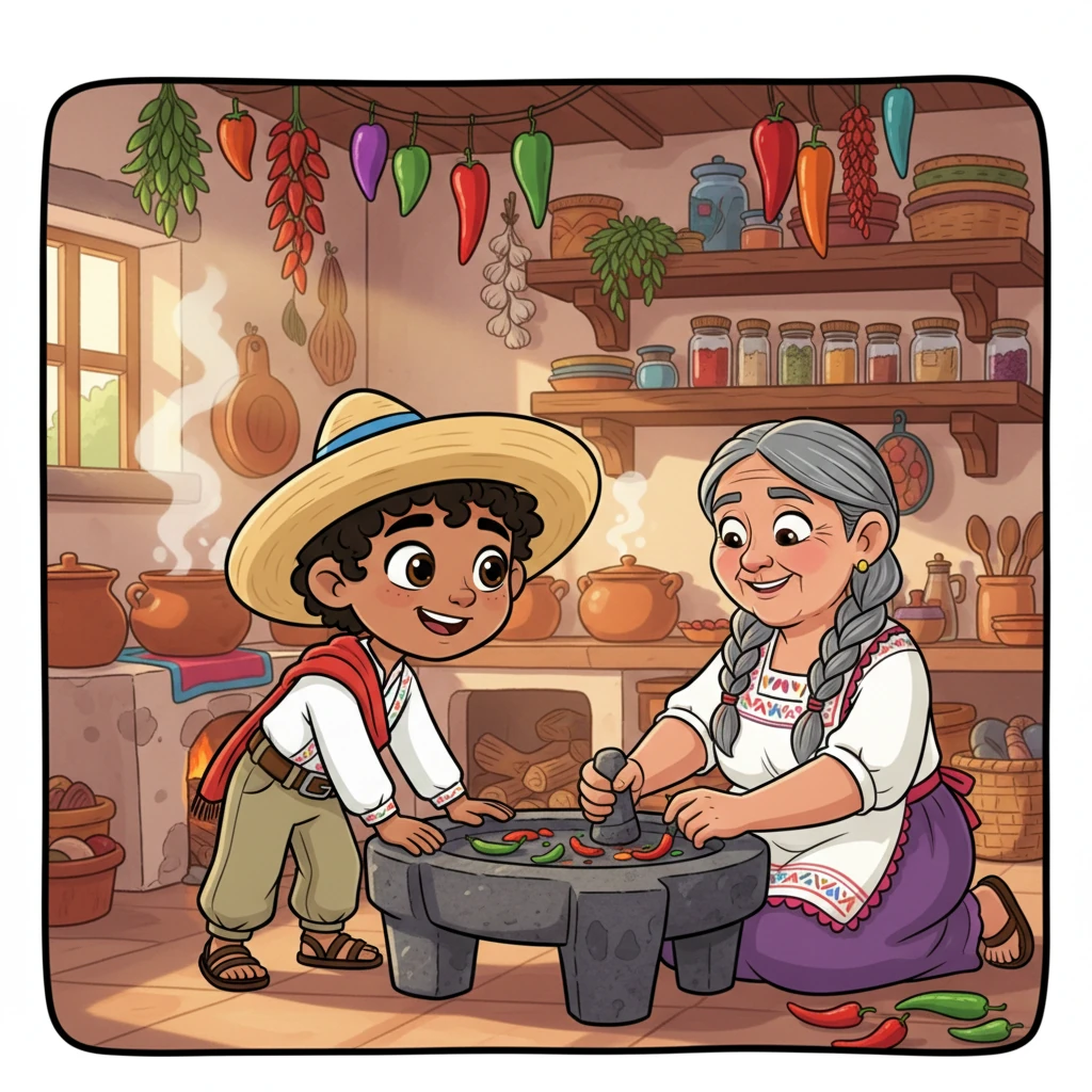 Emiliano, un niño pequeño y curioso, observa a su abuela moler chiles de colores en un metate rústico. La cocina es un torbellino de aromas dulces y picantes, con ollas humeantes y especias brillantes en estantes de madera. Su abuela sonríe cálidamente, compartiendo secretos culinarios con su nieto, quien sueña con ser un gran chef.