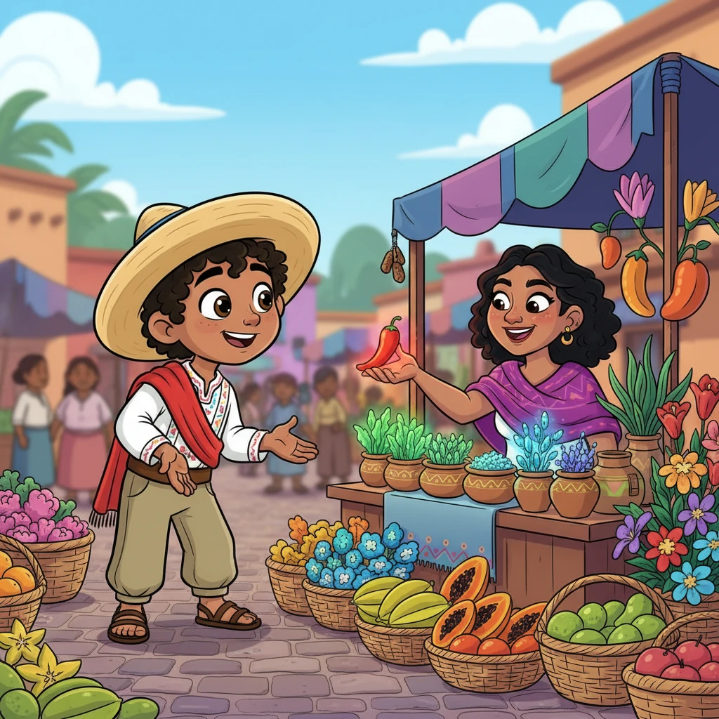 En el bullicioso mercado del pueblo, lleno de frutas exóticas y flores vibrantes, Emiliano se topa con un puesto extraño que nunca había visto. Hierbas luminosas y semillas desconocidas brillan bajo una vendedora enigmática con una sonrisa misteriosa, ofreciéndole un chile de un rojo intenso y brillante que promete hacer su comida irresistible.