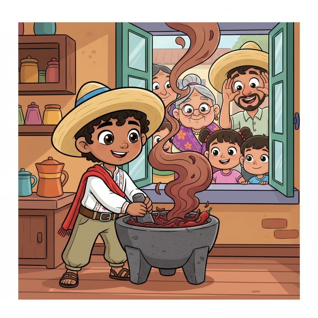 Con una chispa de emoción en sus ojos, Emiliano mezcla el chile mágico en un molcajete, preparando su famoso mole. El aroma se eleva, llenando la cocina con una fragancia irresistible que atrae a los curiosos vecinos a su ventana. La expectación es palpable mientras el pueblo se prepara para probar su creación.