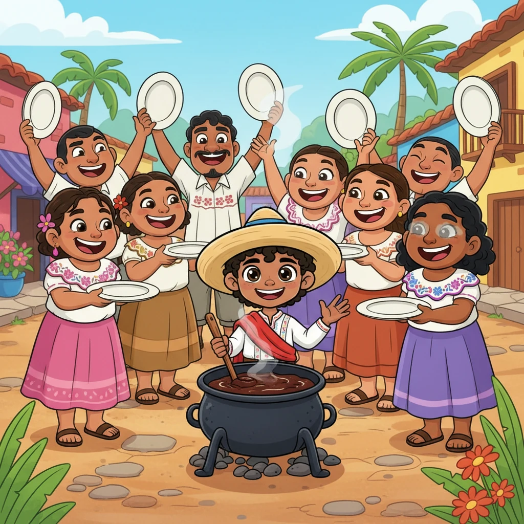 Los habitantes del pueblo, con caras alegres y sonrisas amplias, disfrutan del delicioso mole de Emiliano, pidiendo más con entusiasmo. Platos limpios y dedos lamidos, pero poco a poco, sus ojos comienzan a mostrar una ligera confusión, como si una pequeña nube cubriera sus recuerdos más preciados, sin que nadie se diera cuenta al principio.