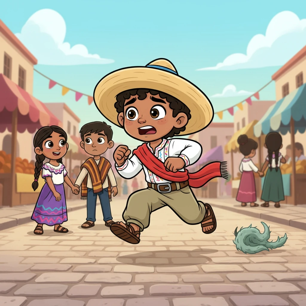 Desesperado, Emiliano corre de vuelta al mercado, pero el puesto misterioso ha desaparecido sin dejar rastro, como si nunca hubiera existido. Sus amigos, quienes no habían probado el mole, con miradas de apoyo y determinación, lo encuentran y le ofrecen su ayuda incondicional para revertir el hechizo, uniendo sus manos en señal de promesa.