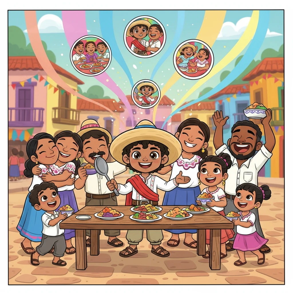 Los habitantes del pueblo prueban el nuevo platillo de Emiliano, y poco a poco, las sonrisas, las risas y los abrazos vuelven a florecer. Los recuerdos perdidos regresan como un torrente de luz y color, y Emiliano se convierte en el chef más querido, celebrando la magia de la comida que une los corazones y crea nuevas historias para siempre.