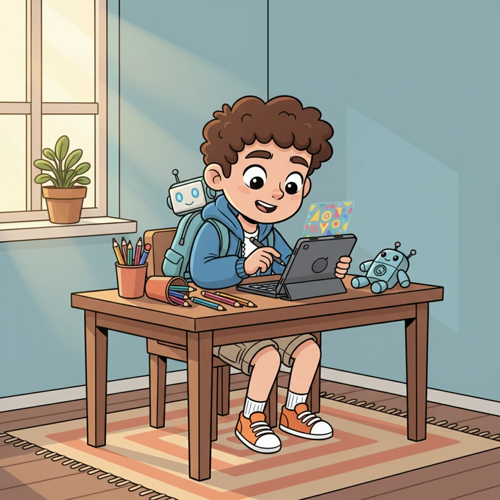 Kaan, parlak gözleriyle odasındaki masasında oturmuş, eski bir tablet ve renkli kalemlerle dolu bir kutuyla çevriliydi. Ekranında tuhaf desenler beliren bir uygulama açıktı, Kaan'ın yüzünde meraklı bir gülümseme vardı.