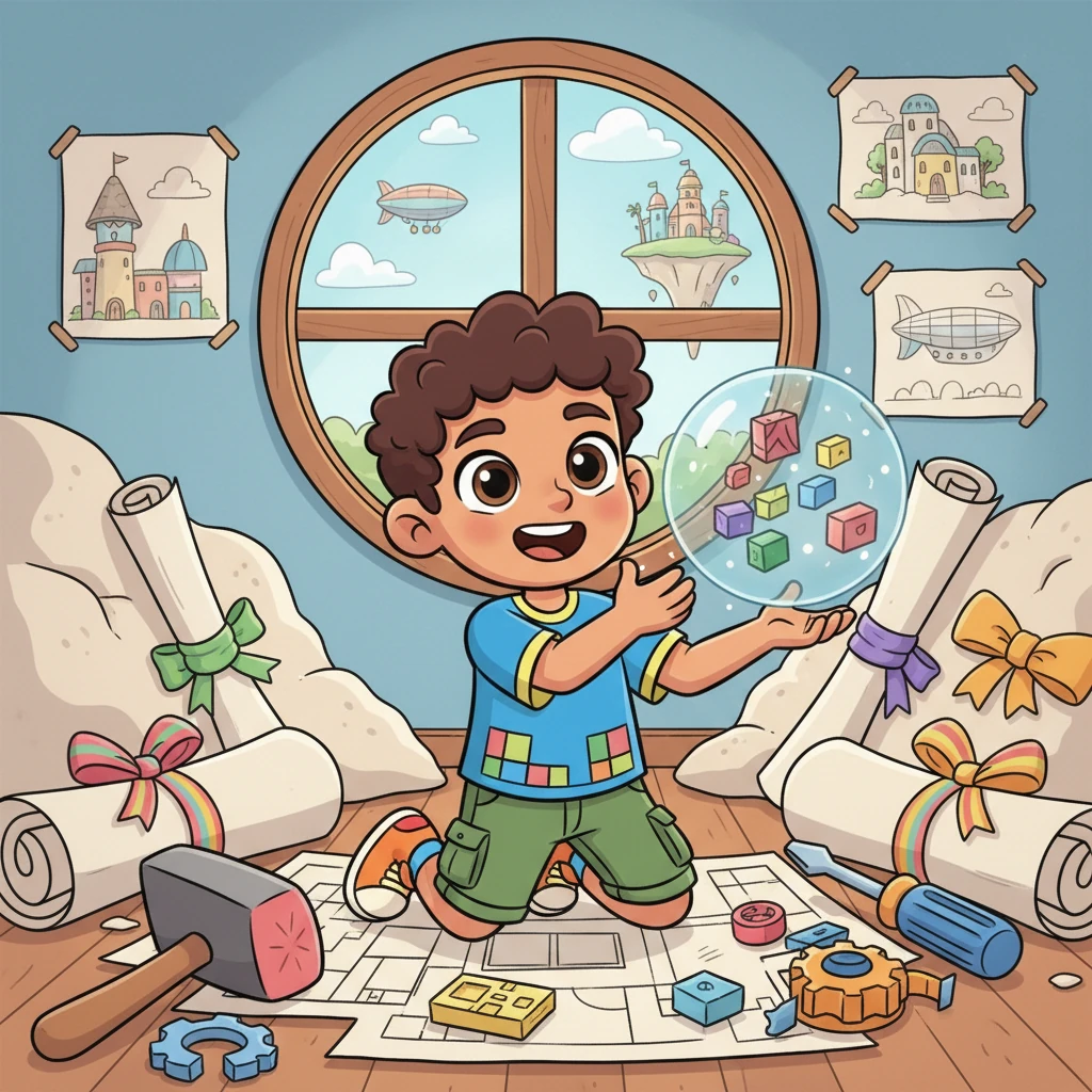 Leo el Creador, un niño con ojos brillantes y una sonrisa traviesa, vivía rodeado de ideas. En su habitación, montones de planos y herramientas de juguete esperaban el momento perfecto para cobrar vida. Soñaba con un mundo donde cualquier cosa que imaginara pudiera construirse, un lugar lleno de maravillas.