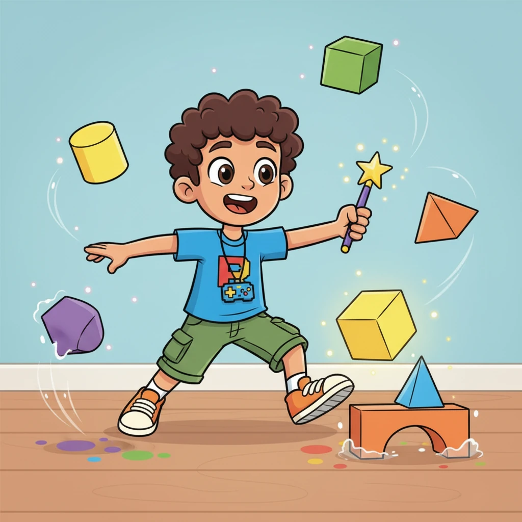 Pero Leo quería más que solo formas. Descubrió que podía infundir magia en sus bloques. Con un movimiento de su varita mágica de juguete, algunos bloques flotaban, otros brillaban como luciérnagas, ¡y algunos incluso rebotaban como gelatina!