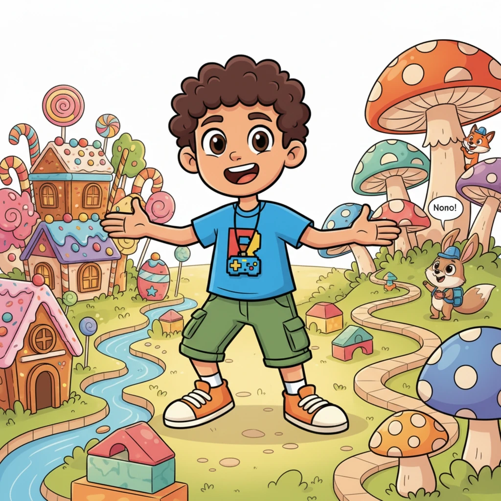 Con sus bloques mágicos, Leo construyó un mundo entero. Había un país de dulces con árboles de piruleta y casas de jengibre, y un bosque de setas gigantes donde los animales parlanchines jugaban al escondite. Todo era vibrante y lleno de alegría.