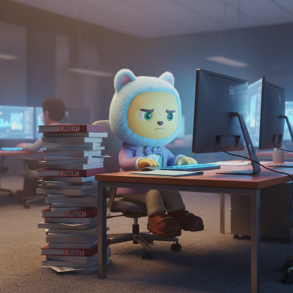 The glowing monitor screens cast a cool blue light across Keith's focused face in the busy open-plan office. His brow was furrowed, a stack of urgent reports piled high on his polished desk, hinting at mounting pressure. He sighed, feeling the weight of an impending deadline.