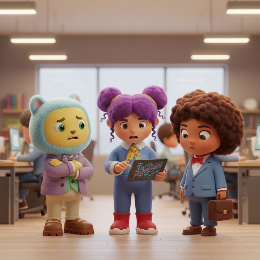 Across the bustling workspace, Haley gestured animatedly to her team, her voice a low murmur of frustration. She clutched a tablet, its display showing complex data that seemed to defy easy solutions. Tensions were visibly high among her colleagues.