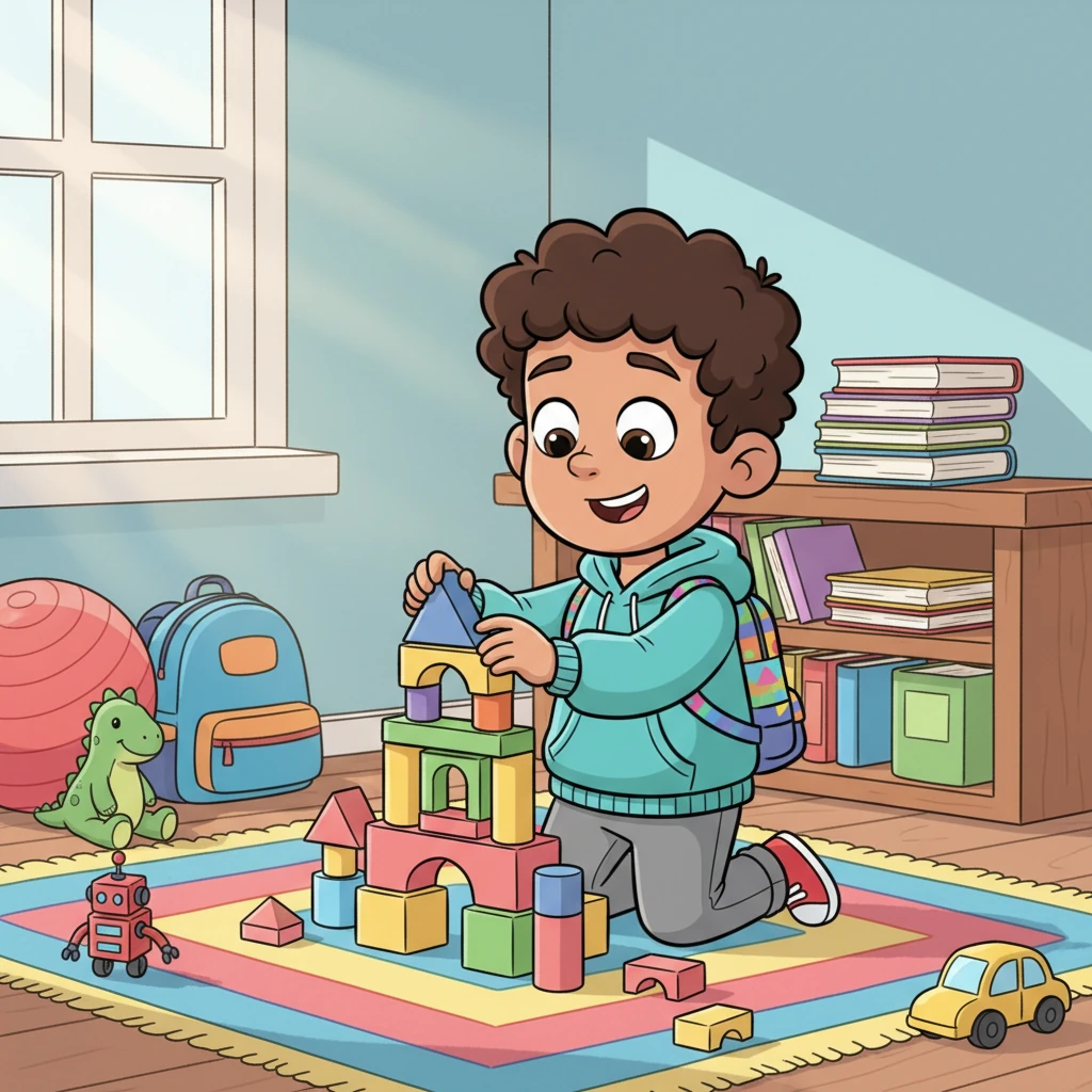 Sabir, a cheerful first-grader with a mischievous grin, is busy building a towering block castle in his colorful room. Bright toys are scattered everywhere, but a stack of untouched books sits lonely on his shelf. He much prefers playing to reading.