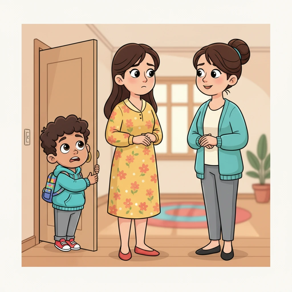 One afternoon, Sabir peeks from behind a door as his teacher, a kind woman with a gentle smile, speaks quietly to his mother. He hears words like 'struggling' and 'might fall behind,' and a knot forms in his stomach. His mother looks concerned.
