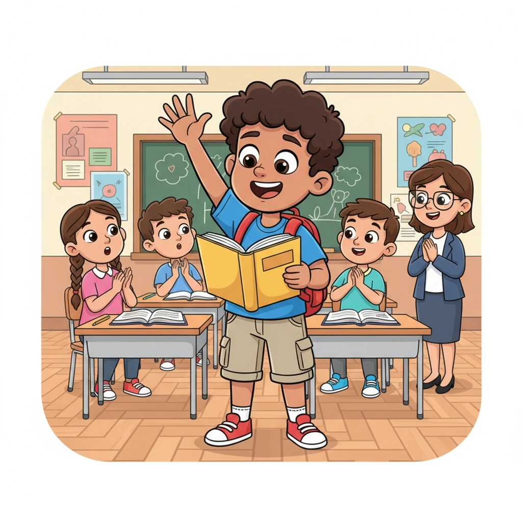 Back in the classroom, Sabir raises his hand high, a confident smile on his face. He reads a passage smoothly and quickly, his voice clear and strong. His classmates and teacher watch, amazed by his transformation.