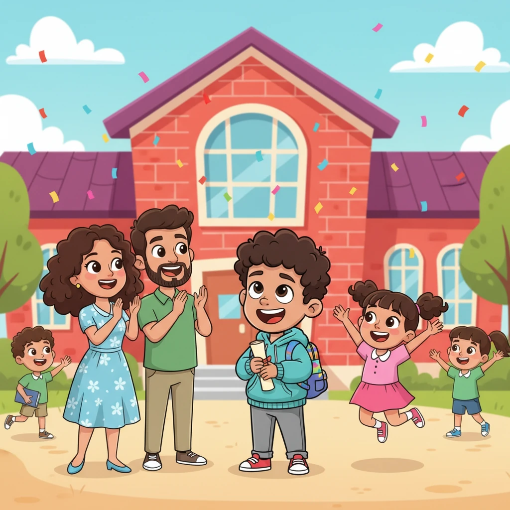 On the last day of school, Sabir beams with pride, clutching a certificate for completing first grade successfully. His parents and Sara cheer loudly, celebrating his incredible journey from a reluctant reader to a brilliant, active student.