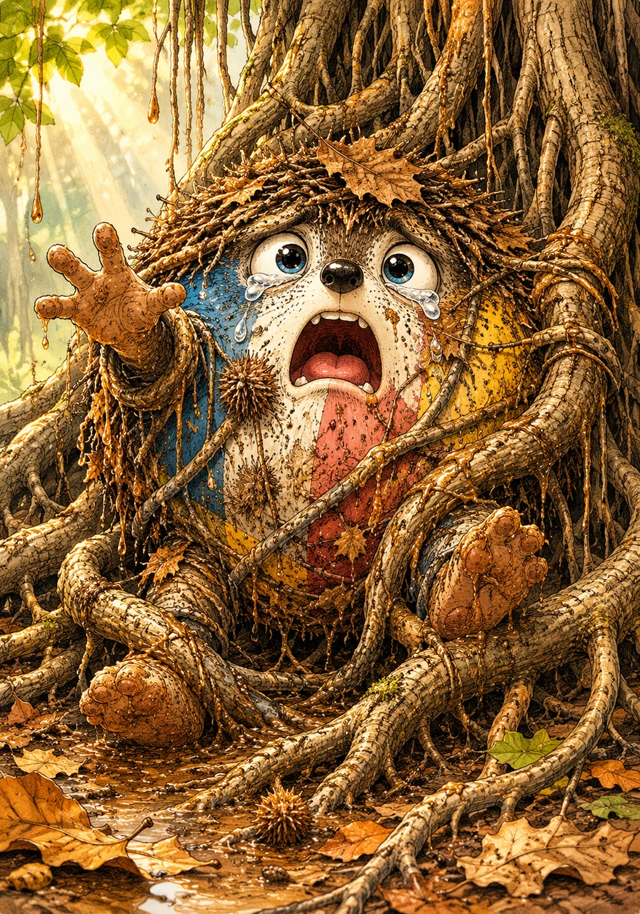 Tangled against the root of an ancient banyan tree and unable to move without hurting himself, Riccio cries out for help. He desperately wishes for someone who can clean his sticky skin without scratching him, wondering if anyone will ever hear his pleas.