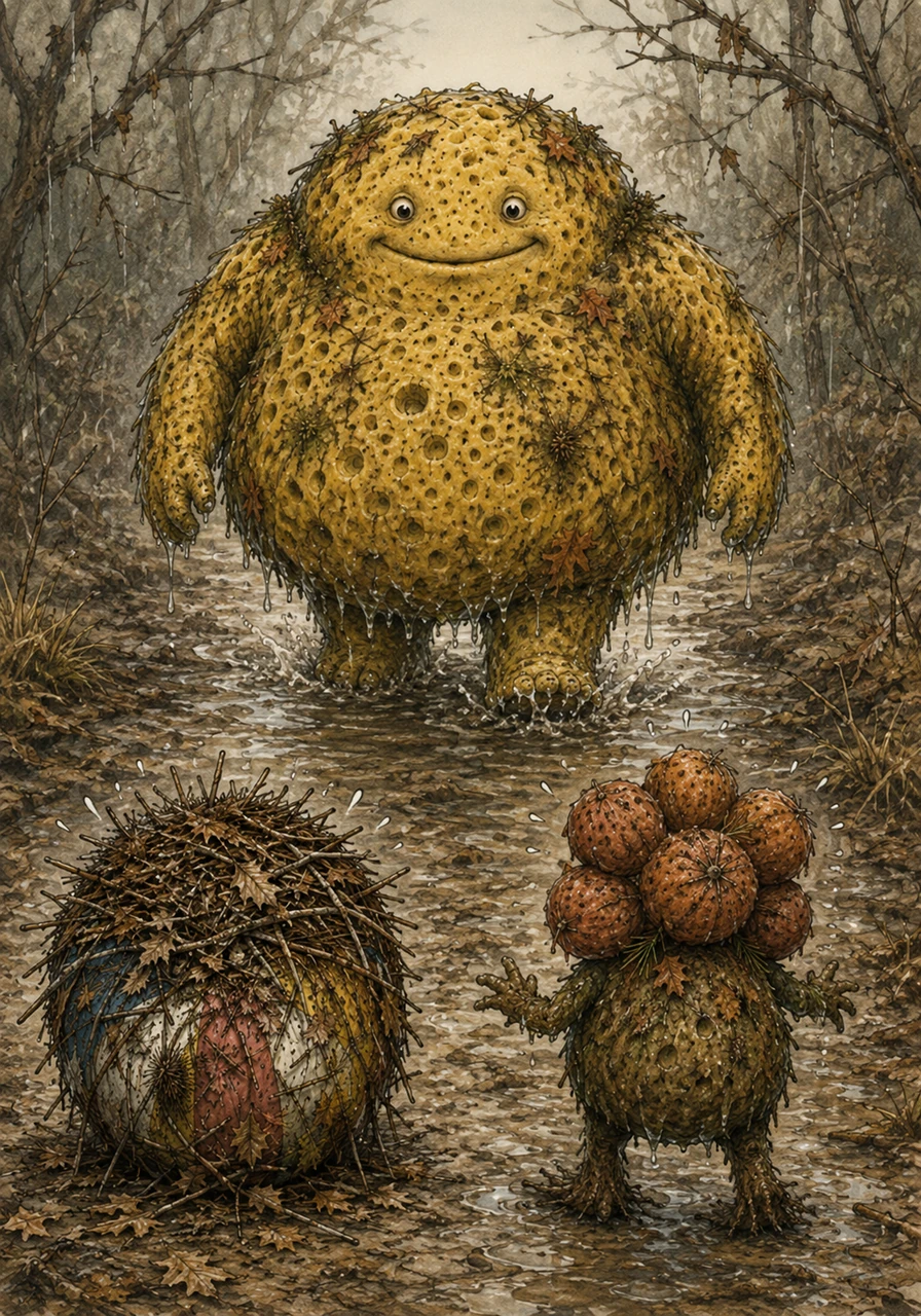 Suddenly, a heavy and rhythmic splash echoing down the damp path breaks the silence. A generous but overly saturated Living Sponge approaches, completely weighed down and bloated from absorbing every drop of water in her path.