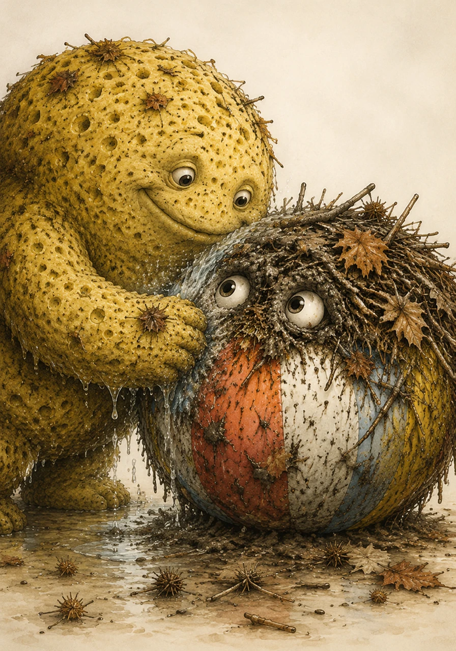 With a gentle, wet slide, the Soggy Sponge rubs against Riccio's sticky surface, using her soft and porous body to work a miracle. The water softens the caked mud, and all the sharp needles and leaves transfer directly onto the sponge, freeing the beach ball.