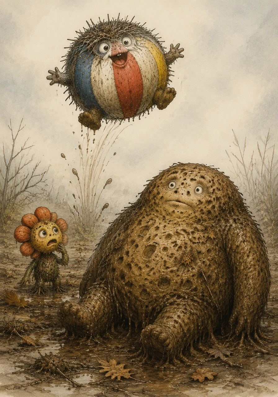 Riccio lets out a joyful squeal and bounces high into the air, perfectly smooth and shiny once more. However, his happiness turns to worry when he looks down and sees his savior now twice as heavy, caked in mud, and completely unable to move.