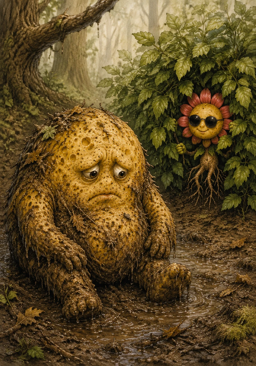 Just as the exhausted sponge fears she will take root in the mud forever, a pair of tiny sunglasses peeks out from a nearby bush. It belongs to the Explorer Flower, a brave little blossom who uses his roots as legs to travel the world in search of botanical wonders.